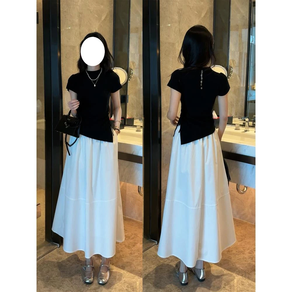 时尚套装女抽绳修身短袖针织衫+高腰半身裙显瘦两件套女早春新款