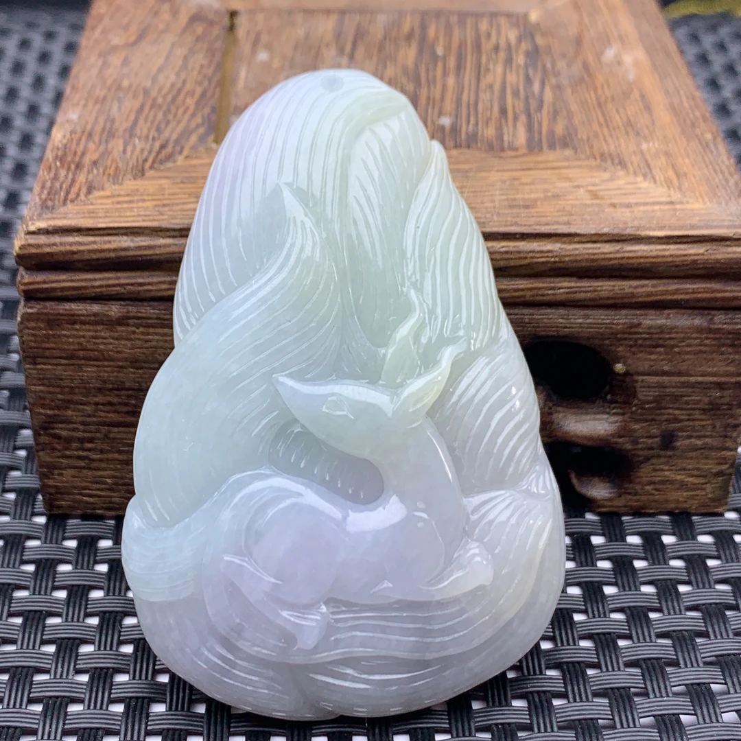 天然缅料A货翡翠狐狸挂坠大厚装九尾狐仙春带彩紫色浅绿挂件吊坠