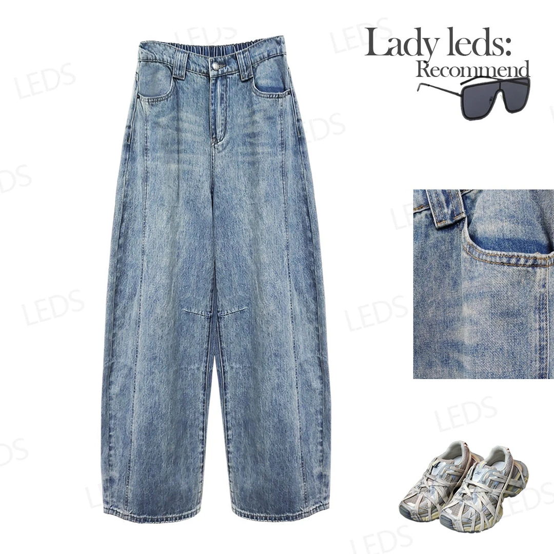 LEDS 86001高腰显瘦浅蓝色藏肉显腿长复古时尚感牛仔阔腿裤