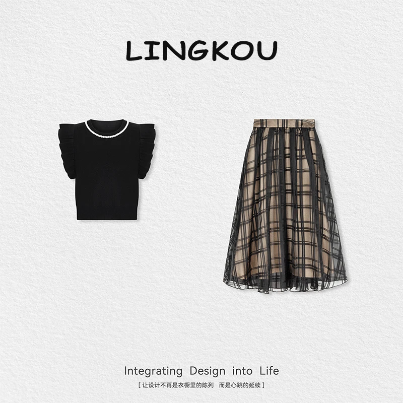 夏季穿搭一整套女新款黑色圆领飞飞袖针织上衣设计感半身裙两件套