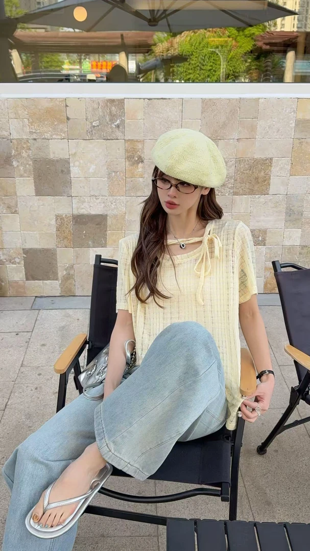 0439【夏季新款】领口抽绳系绳垫肩网纱T恤（5261）