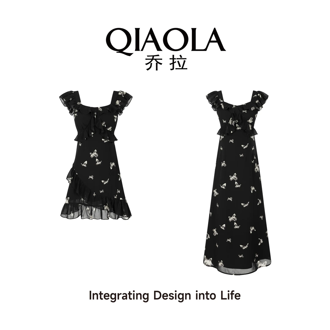 QIAOLA/乔拉【夏夜蝶舞】夏季梭织碎花木耳边U领减龄裙子