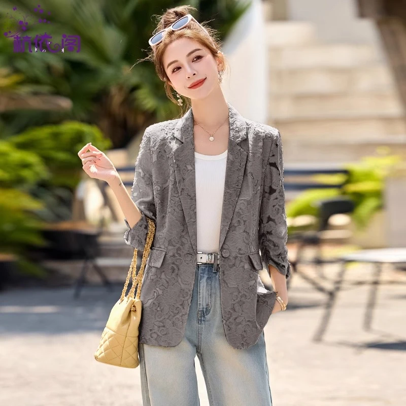 薄款小西装外套女2025新款春夏高级感小个子气质休闲提花西服上衣