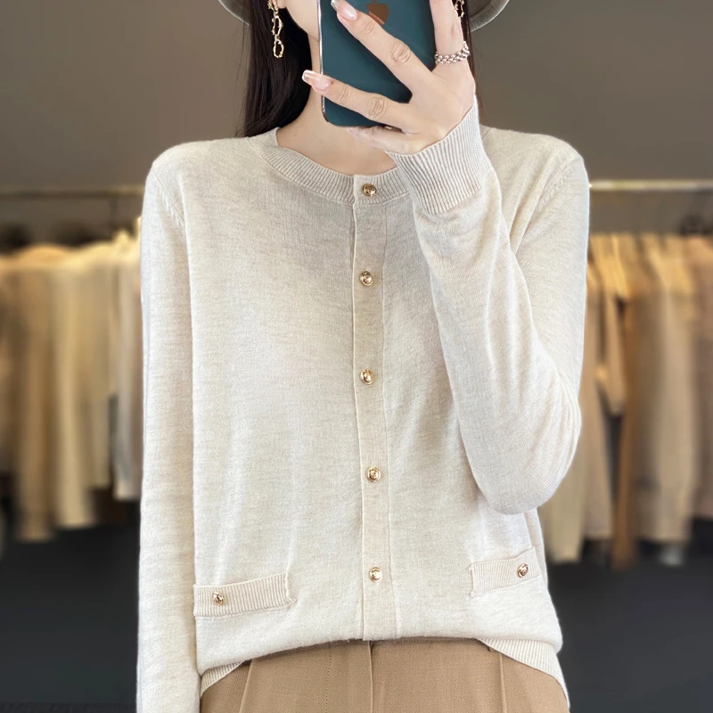 精纺羊毛针织开衫春季新款圆领纯色宽松百搭长袖春秋短款时尚薄款