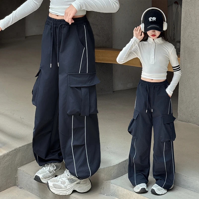 女童秋季2025新款工装裤女中大童6-15岁小女孩潮酷休闲时尚阔腿裤