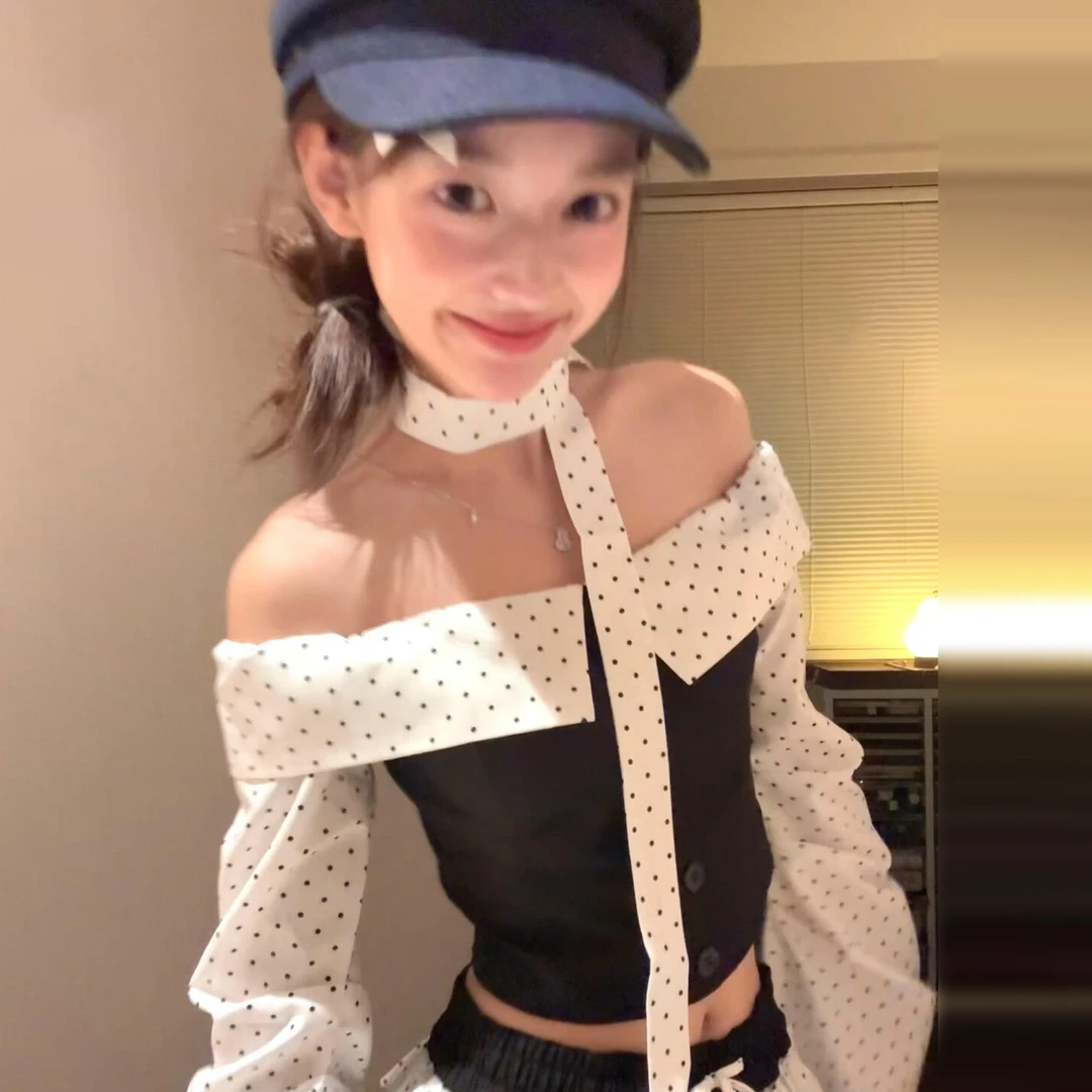 2025早秋韩系松弛感穿搭一整套女波点抹胸上衣黑色阔腿裤两件套装