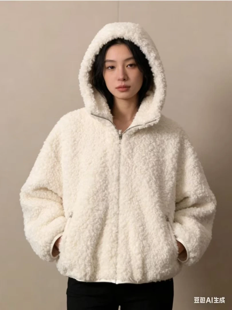 秋冬韩版休闲女士保暖连帽时尚加绒短外套女冬季毛绒短款常规款