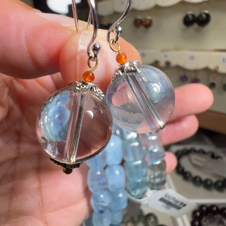 耳饰银S925镶嵌水晶14mm天然白水晶