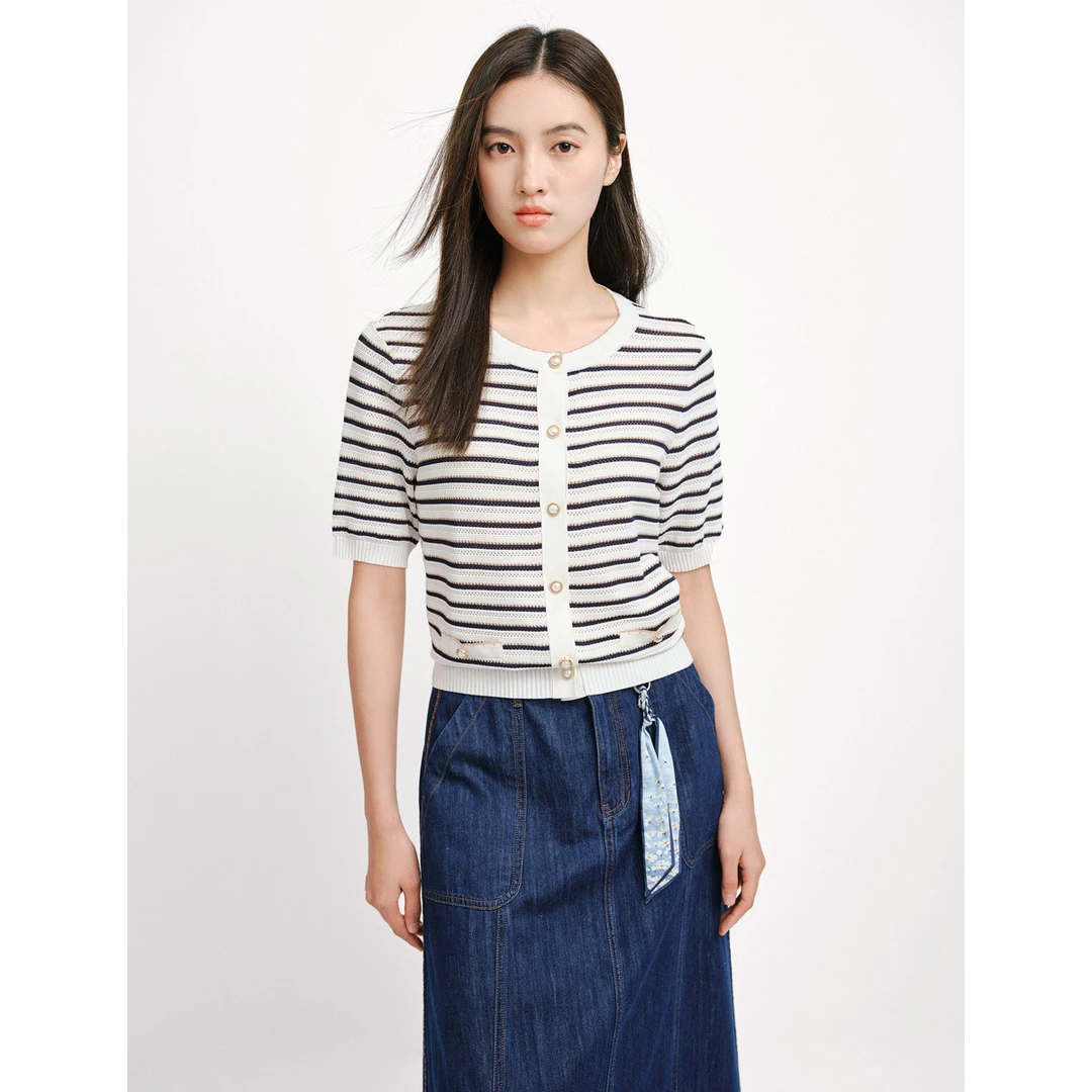 【安雅专属】【简约通勤】夏季新款条纹扣针织衫气质百搭款上衣