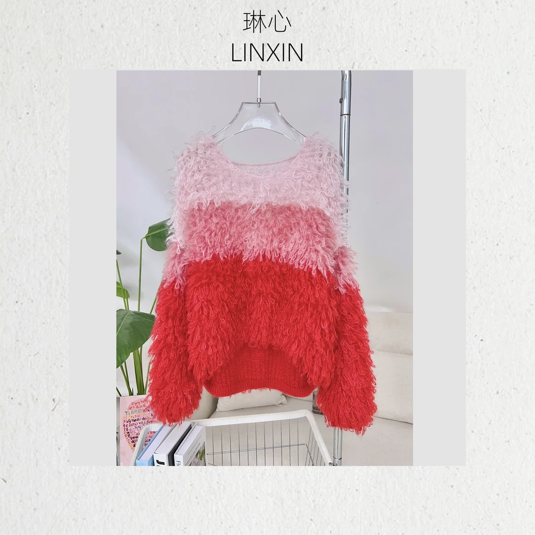 秋冬时尚气质百搭松弛感红色渐变拉毛套头针织衫5312