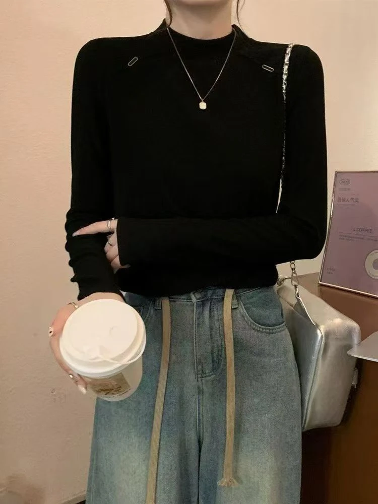 宽松型休闲女圆领纯色T恤加厚打底衫女内搭小众炸街女款爆款2025