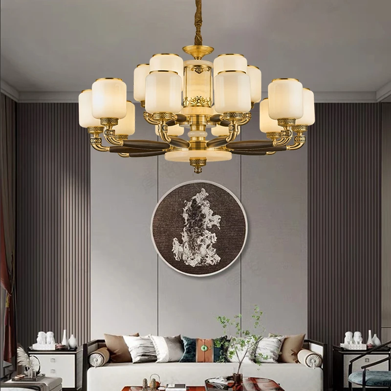 聚宝盆新中式客厅吊灯全铜实木中国风高端大气餐厅卧室灯中山灯具