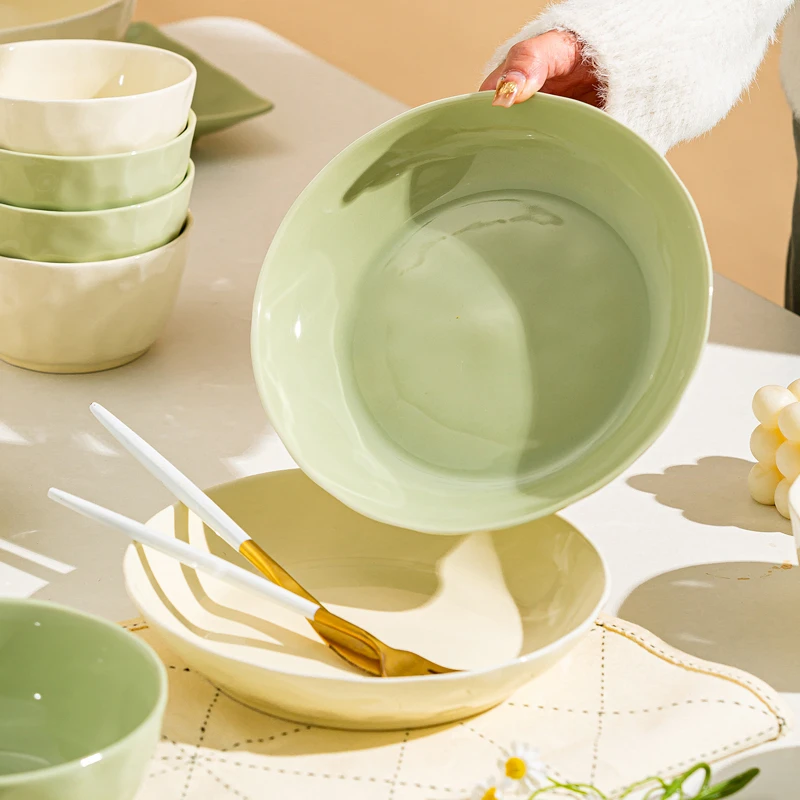 奶油风7英寸圆盘4个装景德镇家用陶瓷碗盘餐具釉下彩加深餐盘菜盘