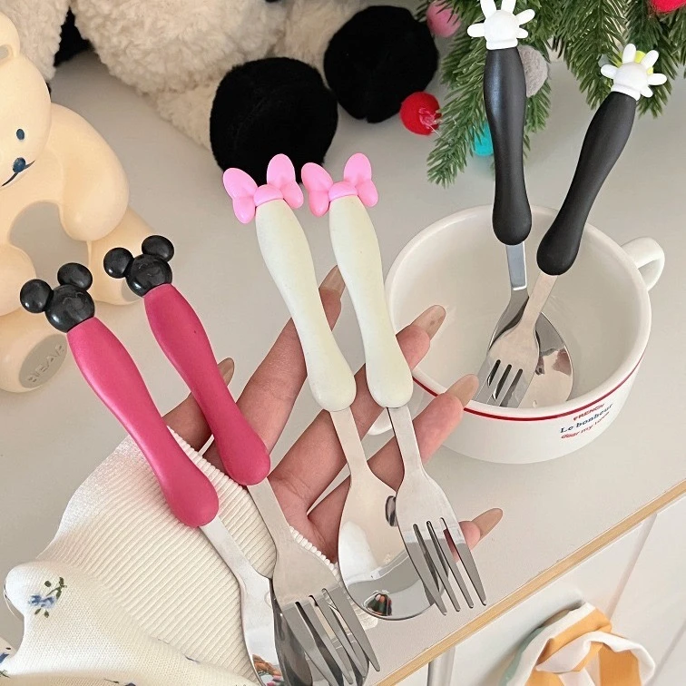 到手3件套！米奇白手套叉勺送盒子动物可爱家用学生吃饭不锈钢