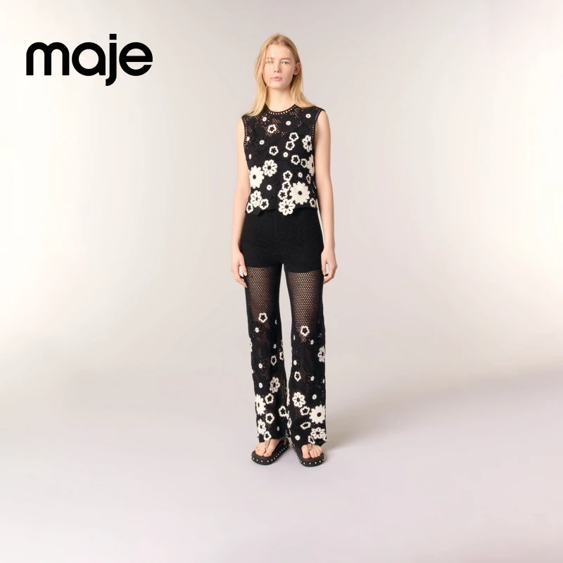 暖系穿搭|Maje2025秋冬新款花朵黑色镂空针织长裤MFPPA00719