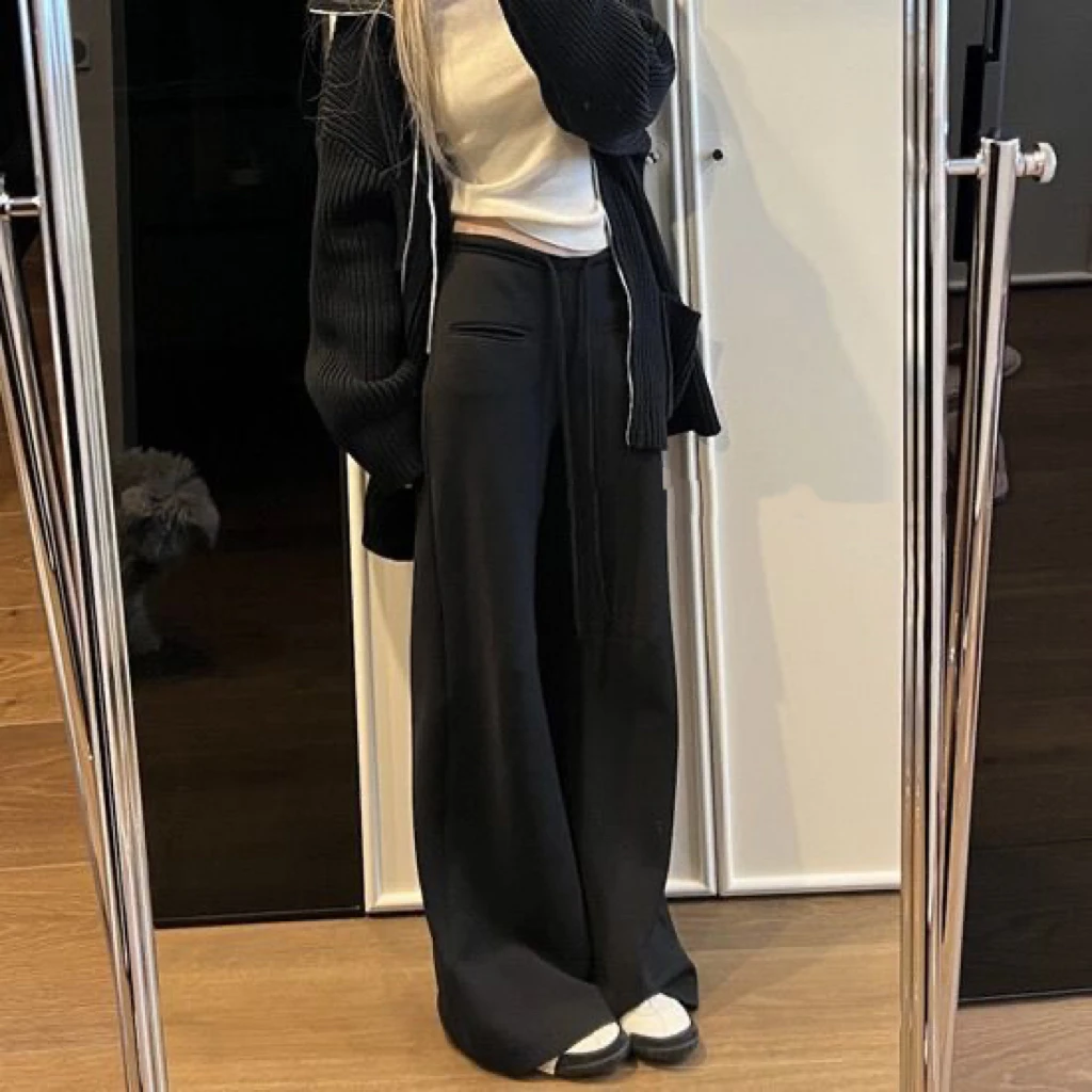 春夏宽松阔腿裤女百搭抽绳垂感阔腿裤中腰简约纯色透气休闲阔腿裤