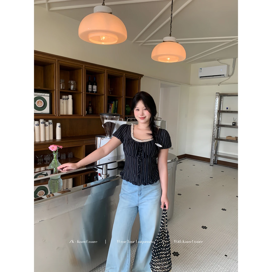 知葵微胖定制【典雅韵律】夏季法式蝴蝶结方领蕾丝衬衫12251CS6692