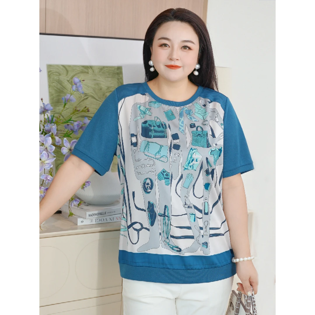 【拼接缎面印花】MsShe大码女装夏季短袖T恤J~B2504007