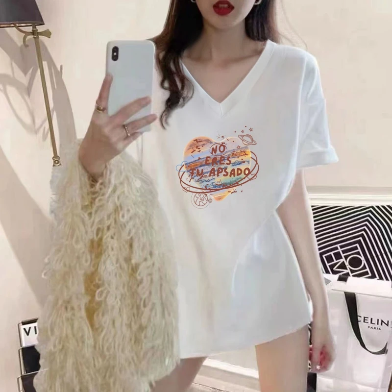 纯棉正肩V领短袖t恤女夏季新款百搭洋气大码胖MM宽松显瘦减龄上衣