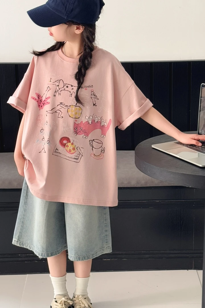 女童卡通T恤2025夏天短袖儿童圆领半袖T女孩洋气宽松韩版百搭上衣