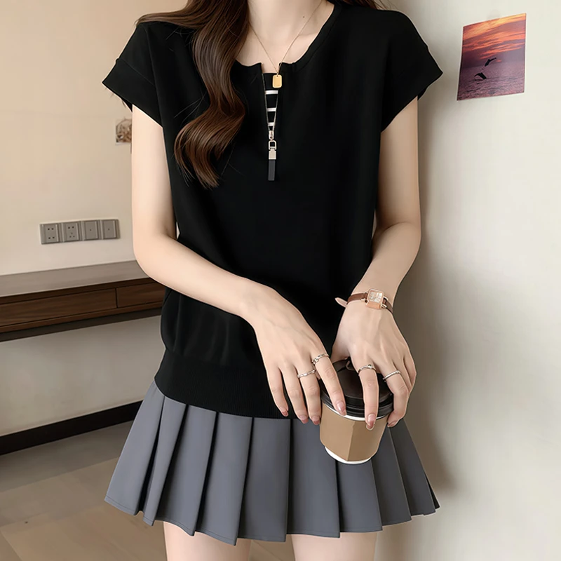 韩版时髦半拉链冰丝针织衫短袖T恤女夏季小众百搭减龄遮肚打底衫