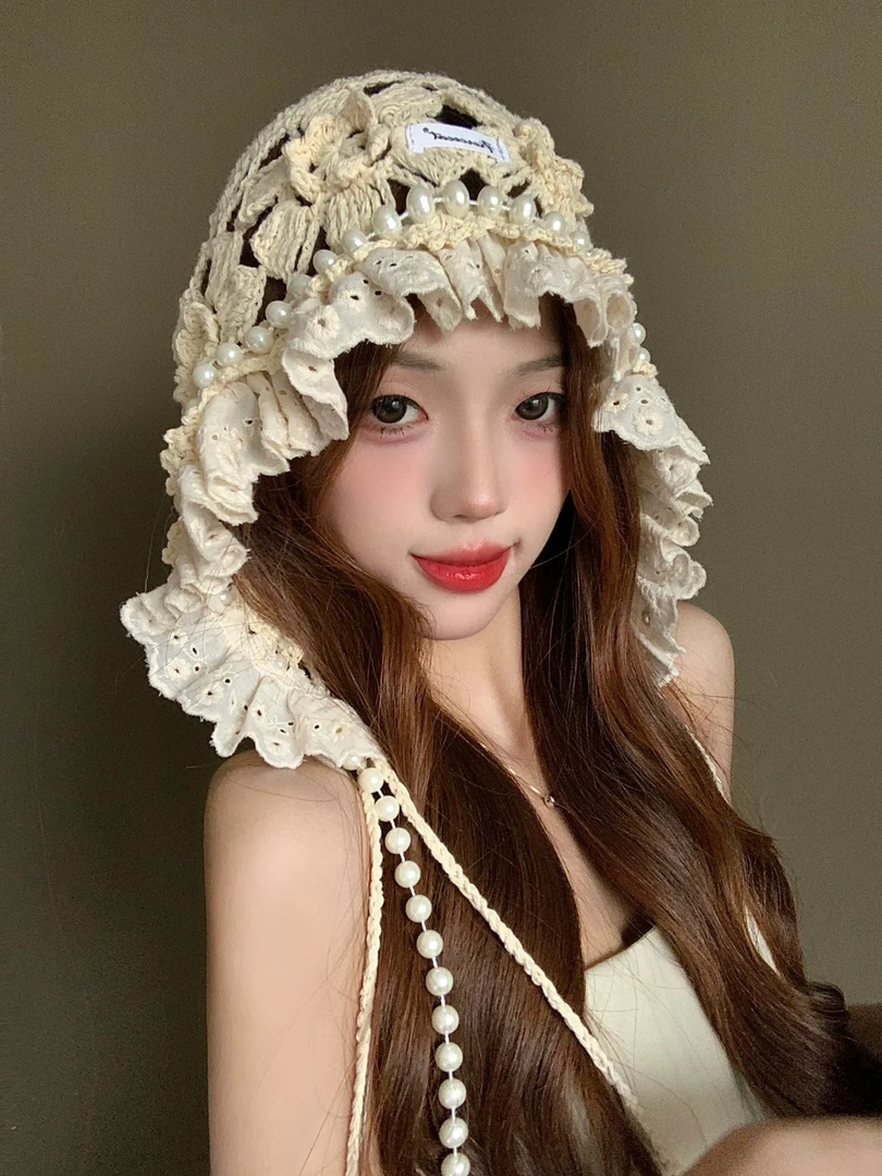 夏季帽子韩版春夏甜美包头帽花朵镂空日系流苏7091