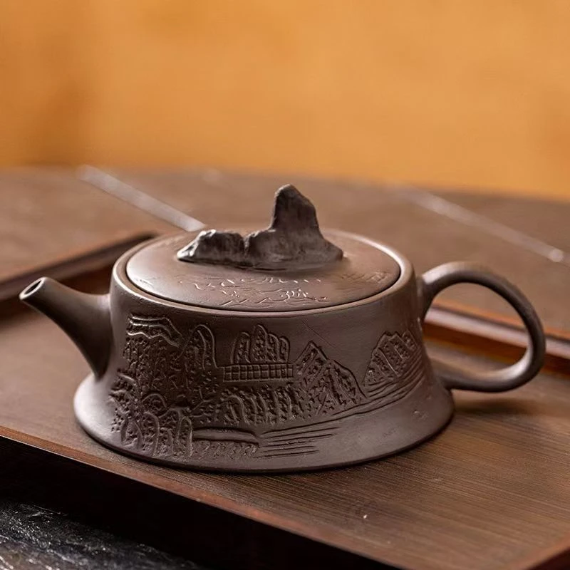 紫砂壶千里江山浮雕刻绘凤鸣紫砂壶  一壶两杯（不带礼盒）