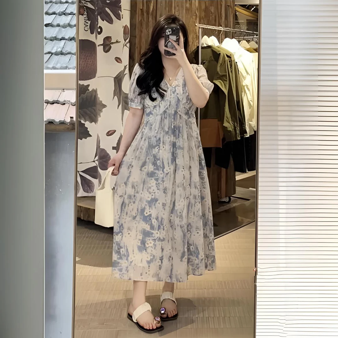 大码胖MM法式复古连衣裙V领油画风碎花连衣裙女中长款初恋裙子