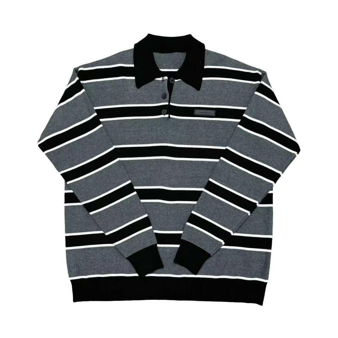 [N]黑灰白条纹潮流时尚针织翻领秋冬时尚儿童毛衣（暖暖冬日）