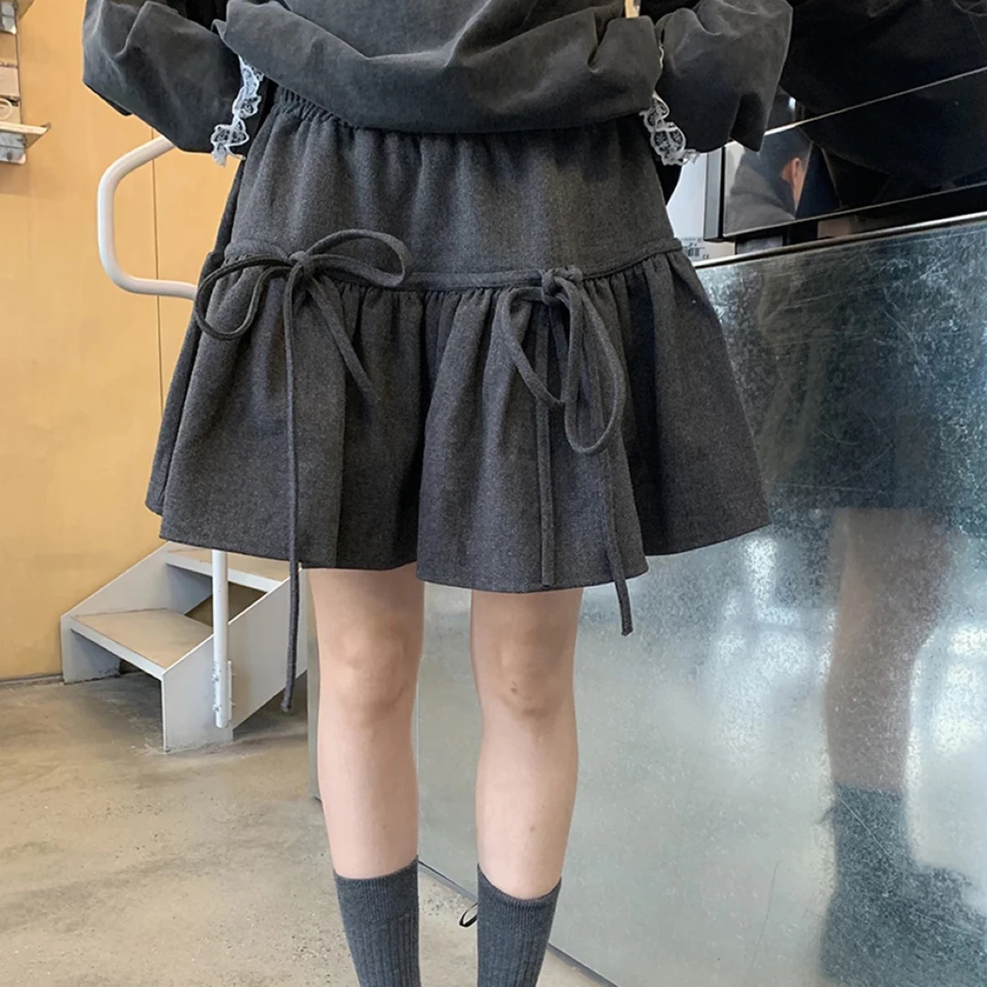 毛呢少女感蝴蝶结绑带女秋冬新款纯欲风小个子灰色a字高腰短裙