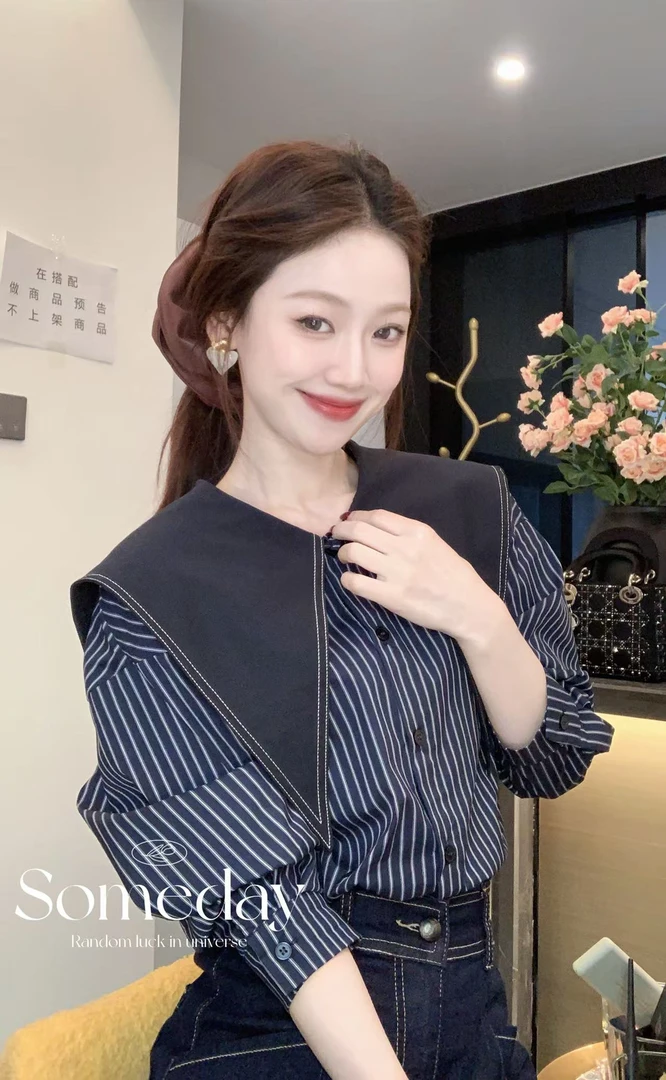 2025春季新款女韩国娃娃领长袖宽松条纹衬衣大翻领海军领衬衫上衣