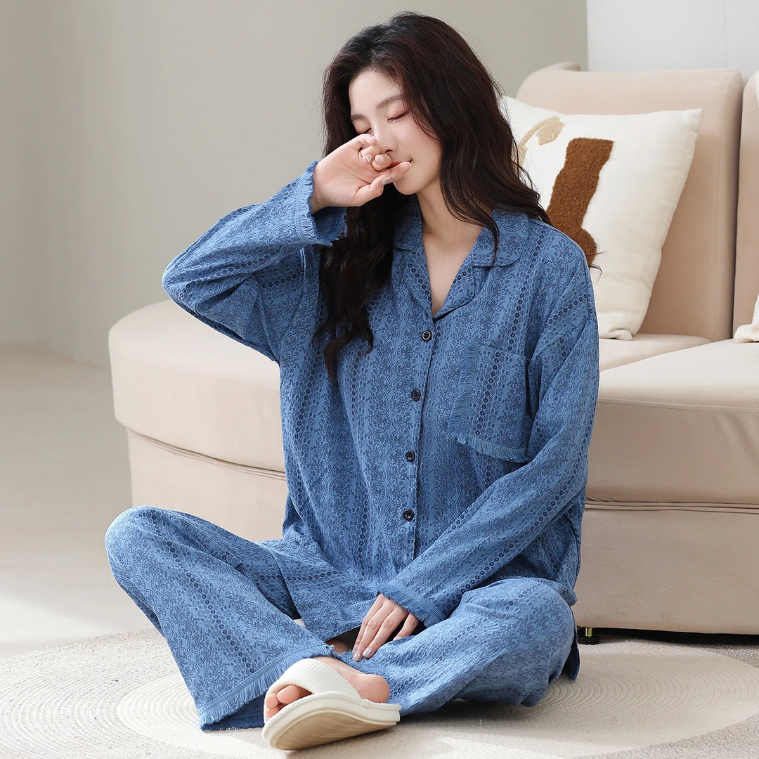 秋冬新款云朵棉慵懒时尚女士长袖长裤睡衣套装家居服可外穿带胸垫