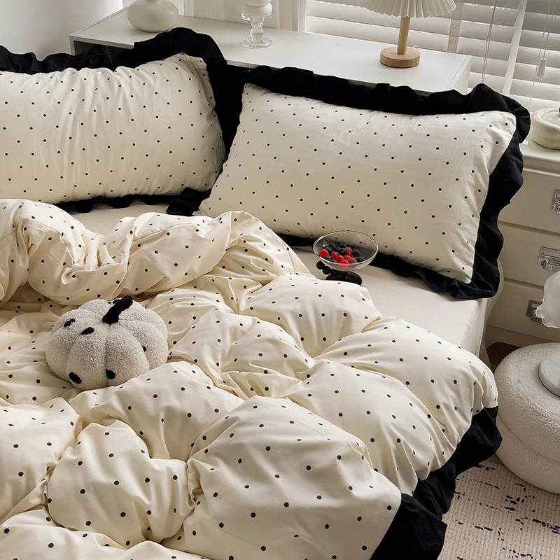 LK 0558 超柔花边水洗印花四件套 小波点-米