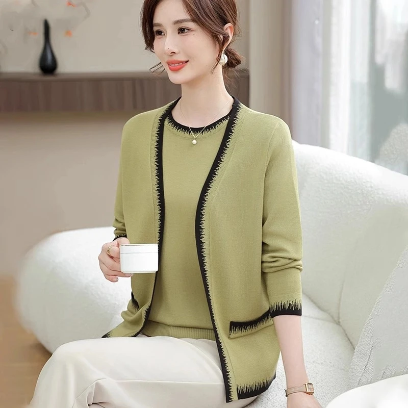 罗蒙新款妈妈春装针织开衫外套40岁50中老年女装春秋上衣两件套装