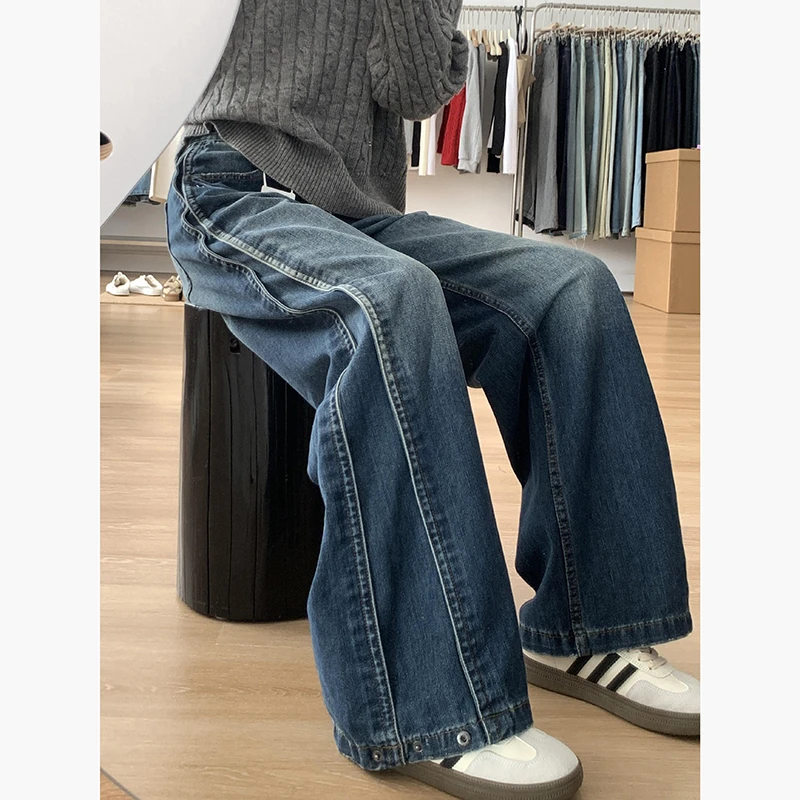 大码复古水洗阔腿牛仔裤女春季2025新款高腰垂感直筒宽松拖地裤子