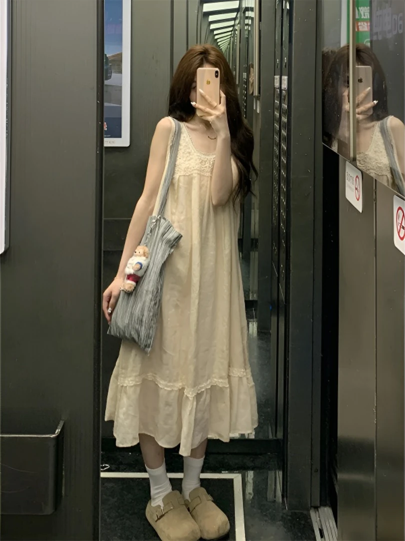 宫廷风少女蕾丝花边纯欲睡裙女夏季新款家居服休闲大码无袖连衣裙