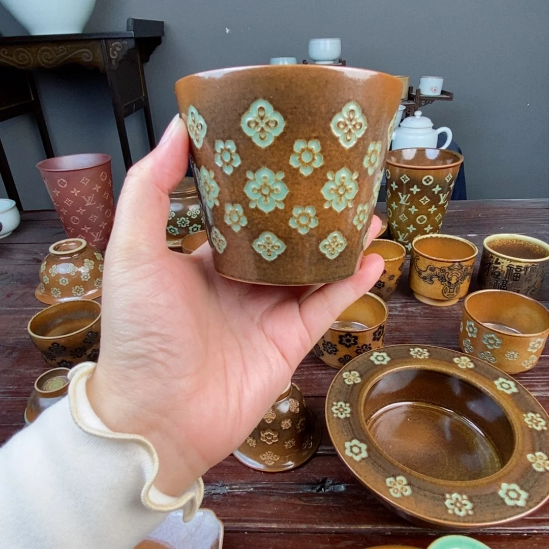 阿*朱砂胎草木灰宝相花纹小可乐杯 不开片