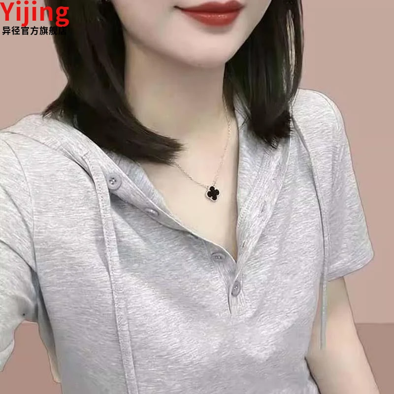 洋气连帽短袖t恤女士夏季欧货胖mm遮肚上衣短款半袖卫衣薄款品质