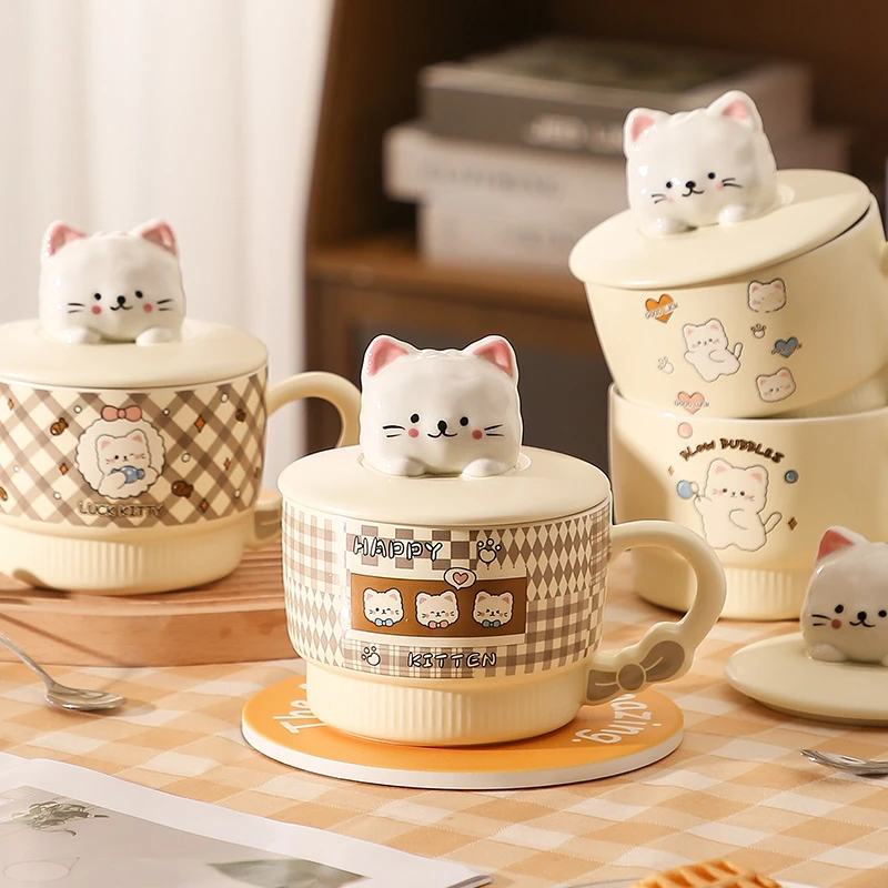 大容量早餐杯子高颜值学生宿舍燕麦片酸奶碗带盖勺家用陶瓷马克杯