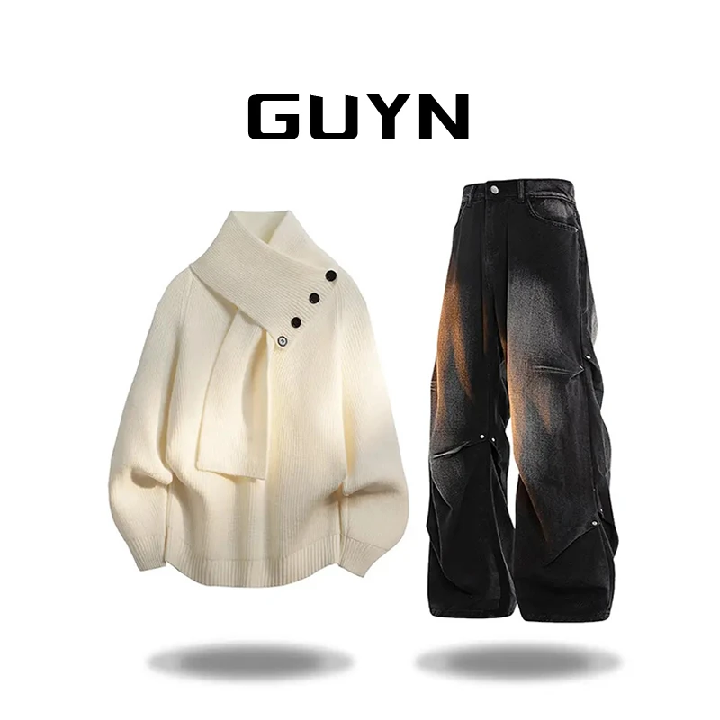 GUYN美潮休闲慵懒感毛巾领毛衣套装高街水洗铆钉牛仔裤两件套男