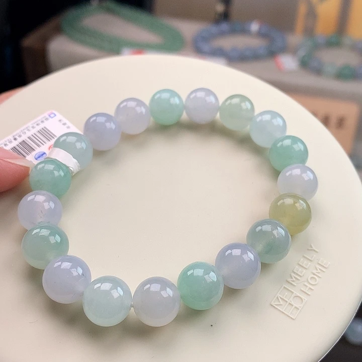翡翠未镶嵌手链冰马卡龙，种色兼备