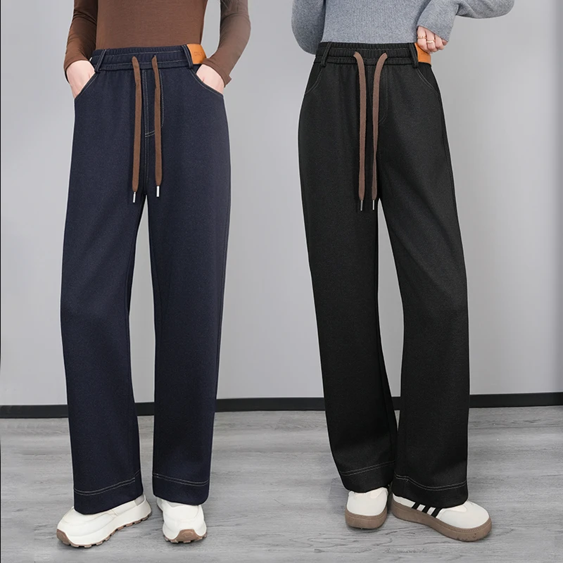 春秋新款牛仔裤女松紧高腰爆款阔腿裤弹力大码休闲裤直筒裤女裤子