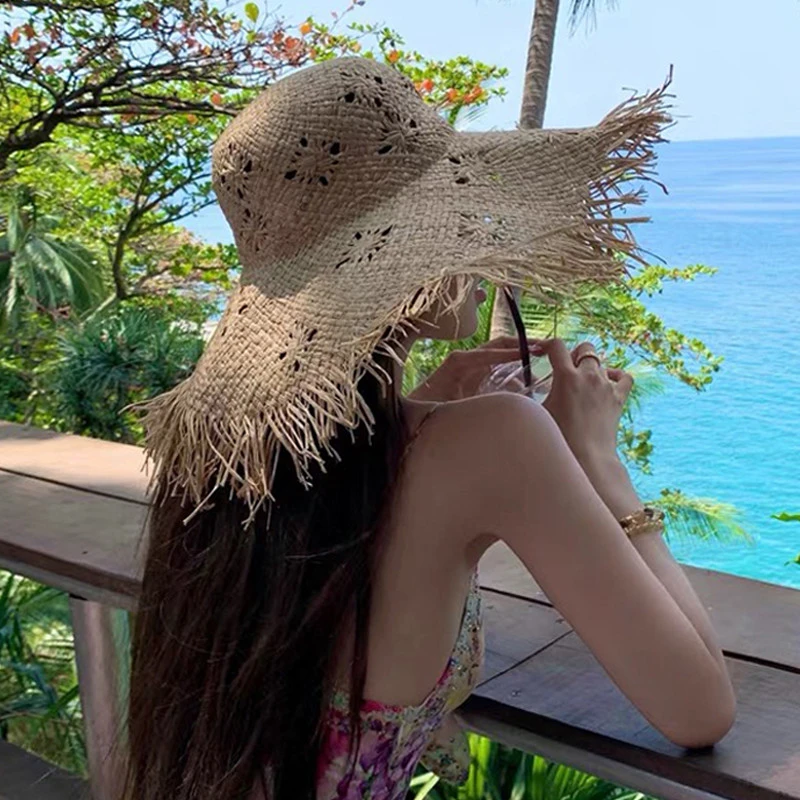 2025新款镂空花纹毛边拉菲草大檐帽户外旅游防晒大檐拉菲草帽潮帽