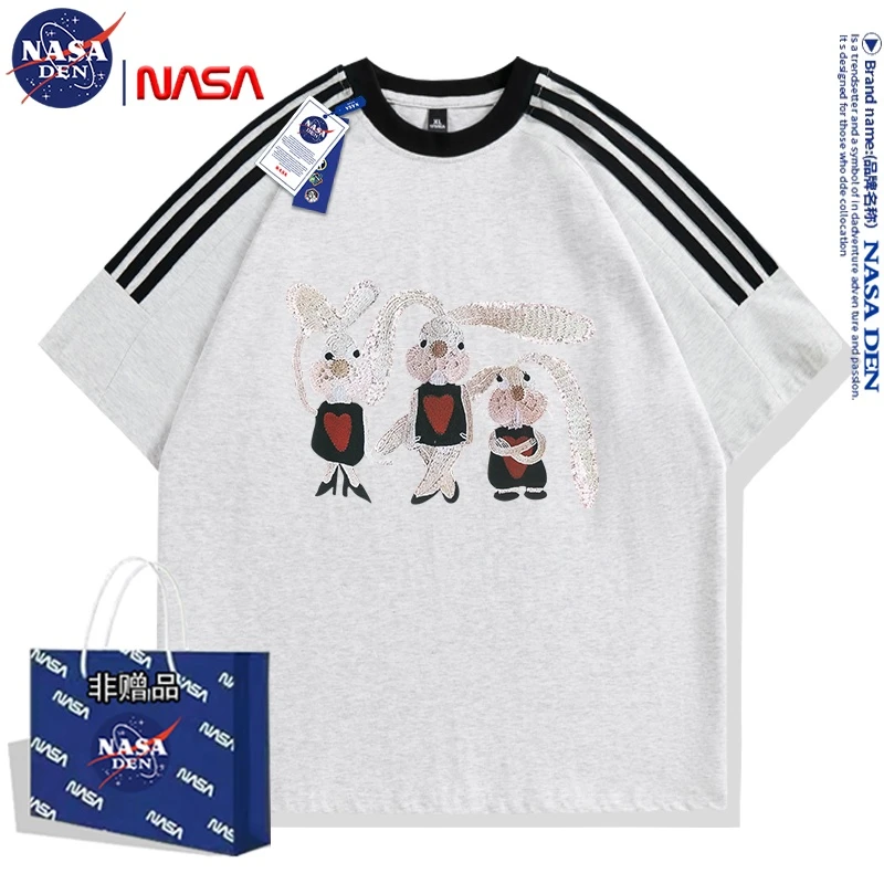 NASA联名半袖oversize三条杠美式印花重磅纯棉T恤男女款宽松短袖