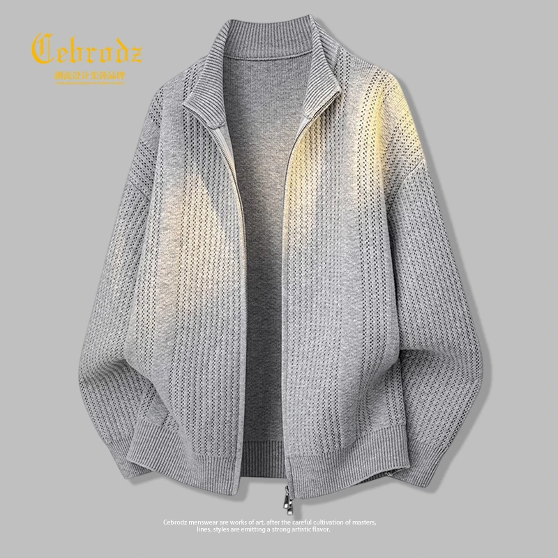 法国Cebrodz美式双拉链开衫毛衣男秋季高街立领休闲针织衫外套