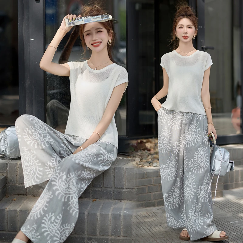 2025夏季新款冰丝针织短袖T恤上衣碎花休闲裤阔腿裤两件套女装