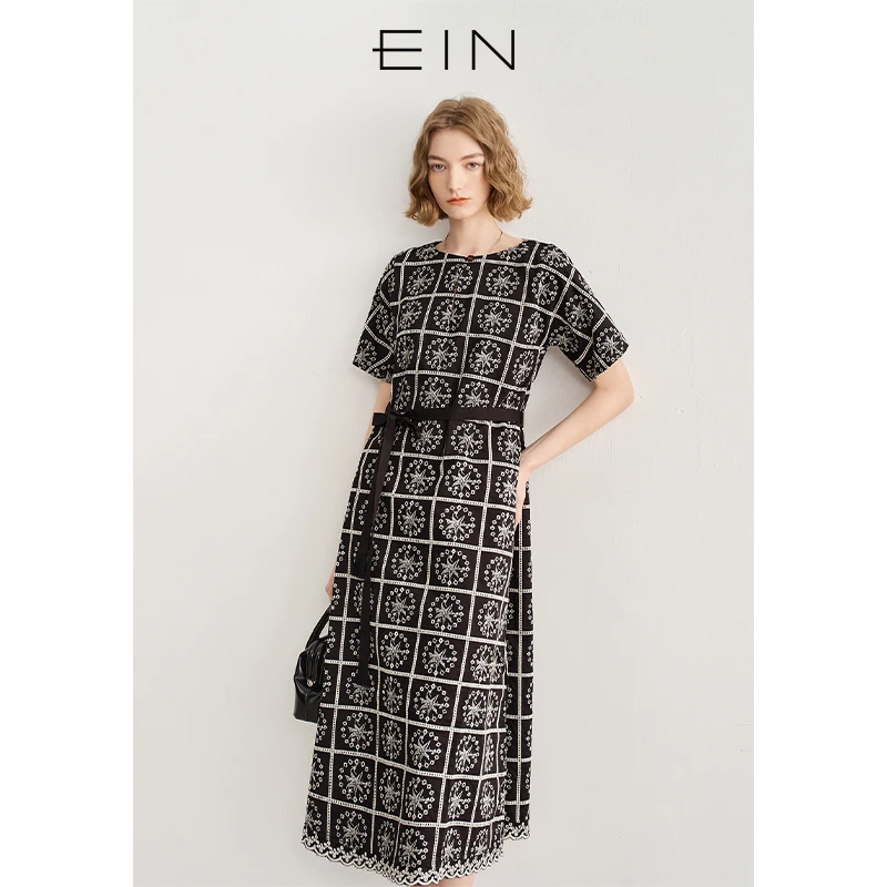 EIN/言文艺复古海星镂空绣花圆领可调节系带碎褶连衣裙25夏季款