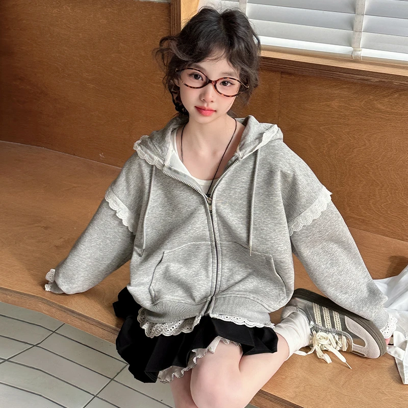 女童蕾丝花边连帽卫衣外套韩版洋气2025新款儿童百搭休闲上衣甜美