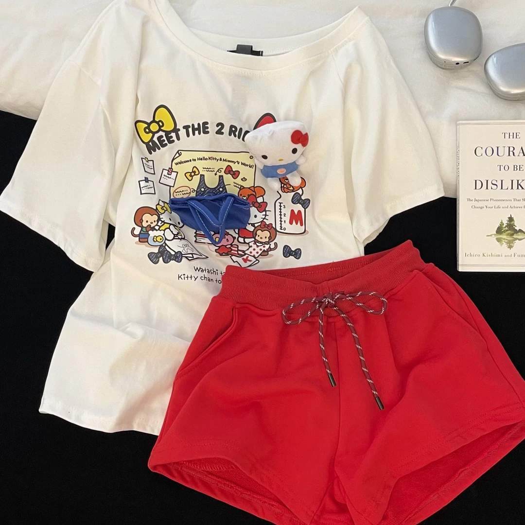 凯蒂可爱卡通印花短袖睡衣女夏款可外穿宽松短裤家居服套装