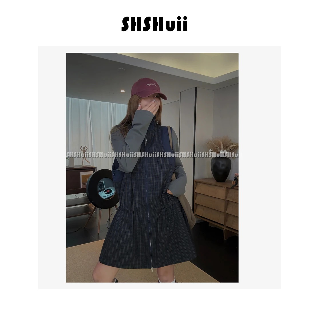 IN.SHuii【悬浮之境】韩系立领格纹收腰叠穿背心中长款马甲/BEEA
